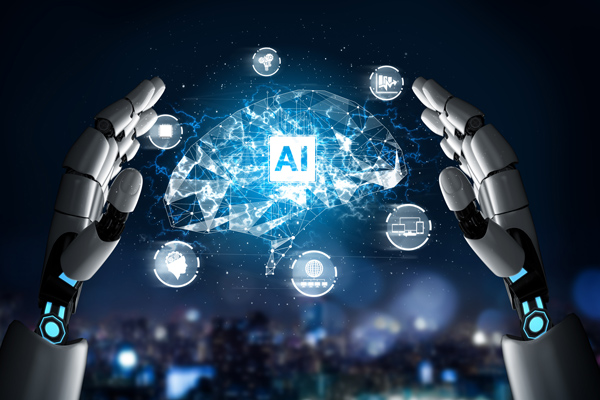 Ein KI-gesteuertes Gehirn, umgeben von digitalen Symbolen, wird von zwei Robotergreifen gehalten.